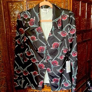 Unique Vintage Black Top with Red and Green Floral Pattern